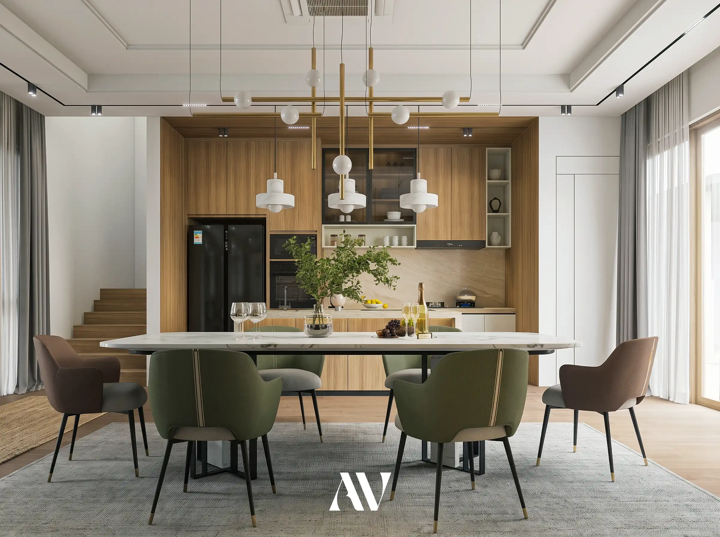 open plan dining and kitchen interior design render, modern luxury villa Bandung