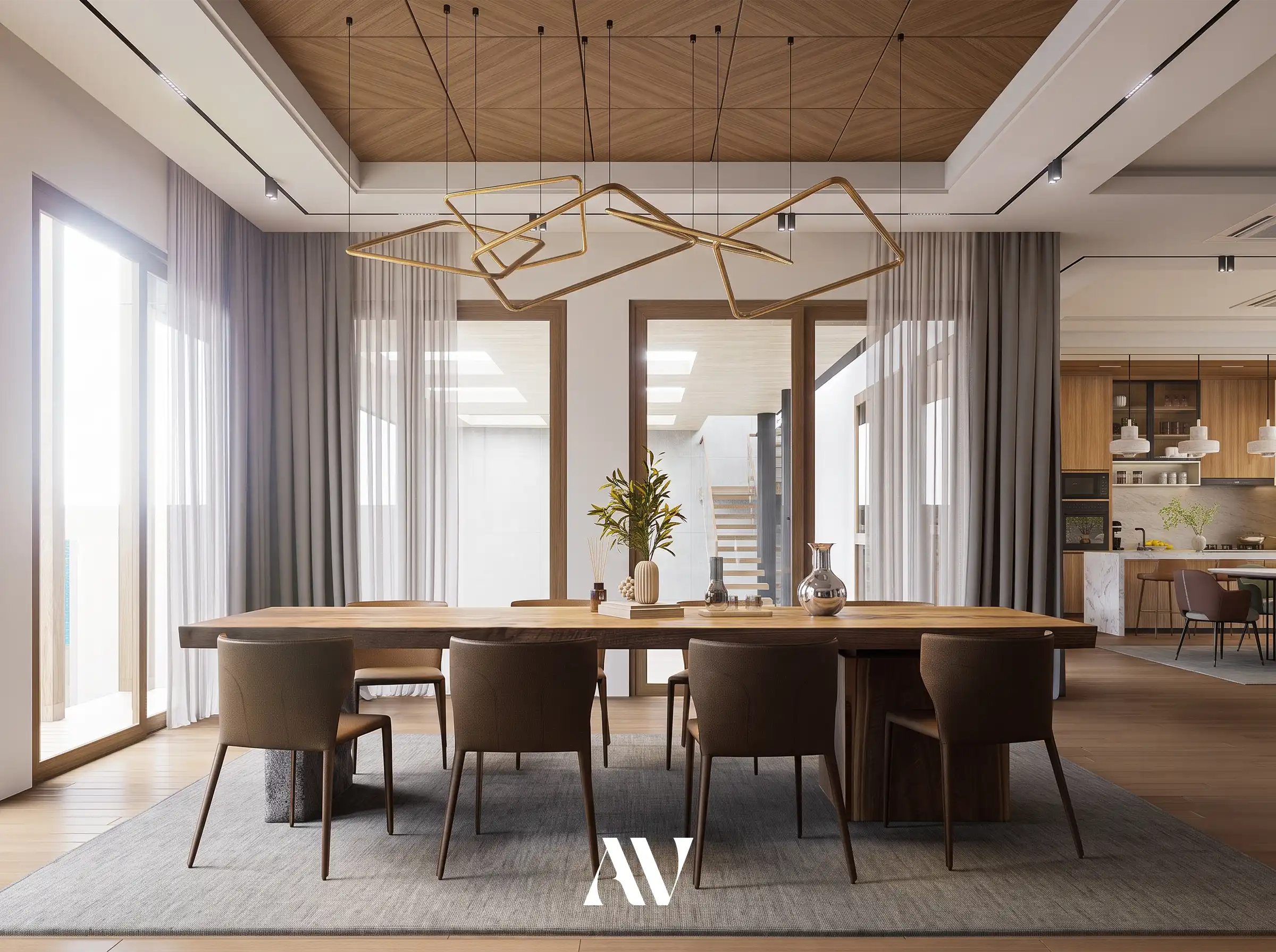 dining area 3D visualization with contemporary furniture, Bandung residential villa