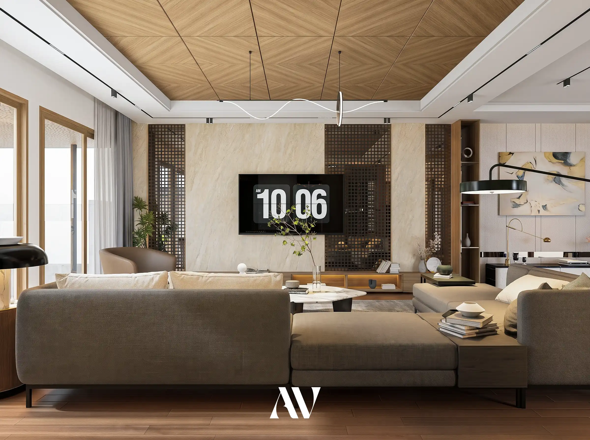 luxury living area 3D visualization with modern furniture and lighting, Bandung villa
