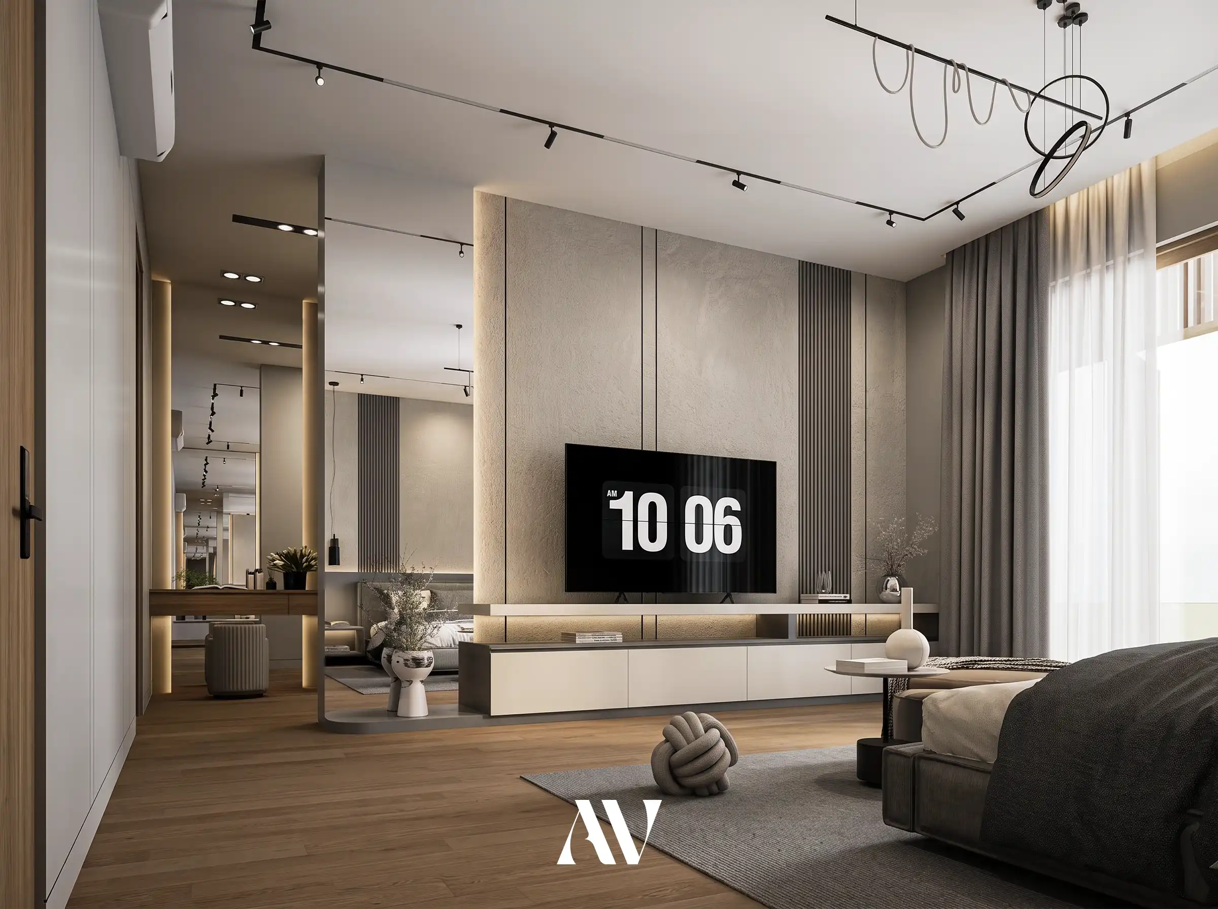 luxury master bedroom 3D visualization with contemporary design, Bandung villa